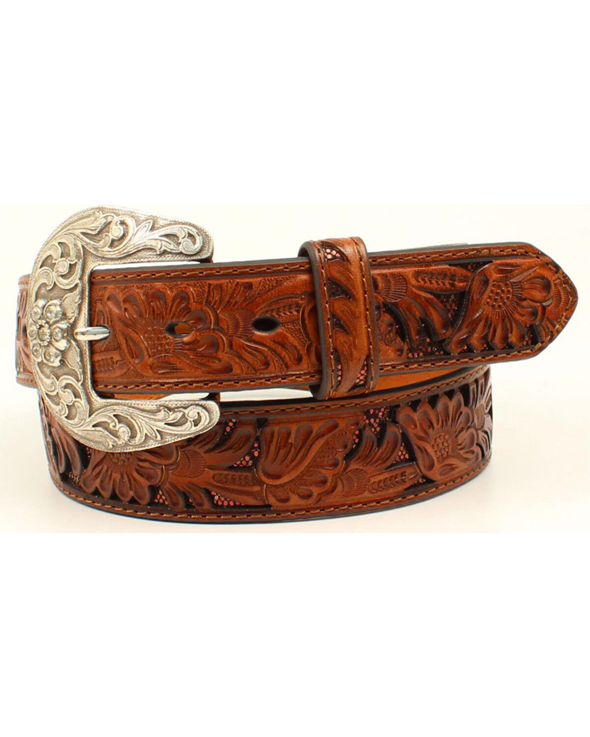 Nocona Women's Sequin Underlay Floral Embossed Leather Belt