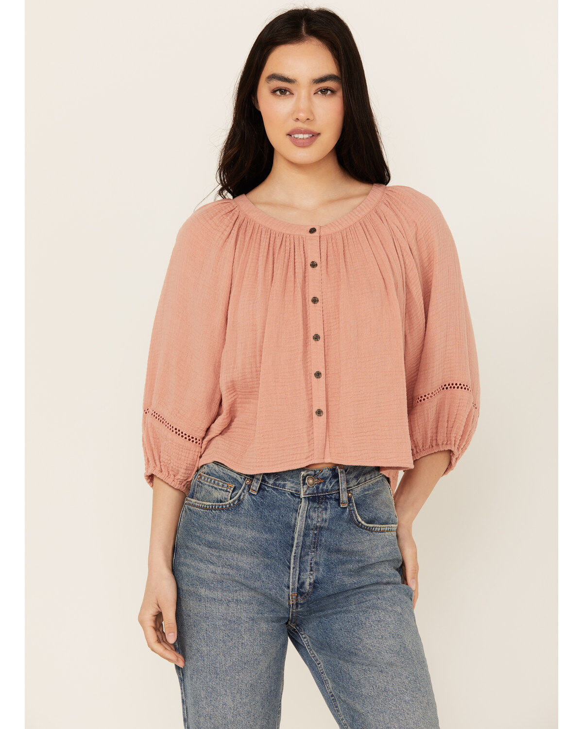 Cleo + Wolf Women's Brie Crochet Trim Long Sleeve Shirt