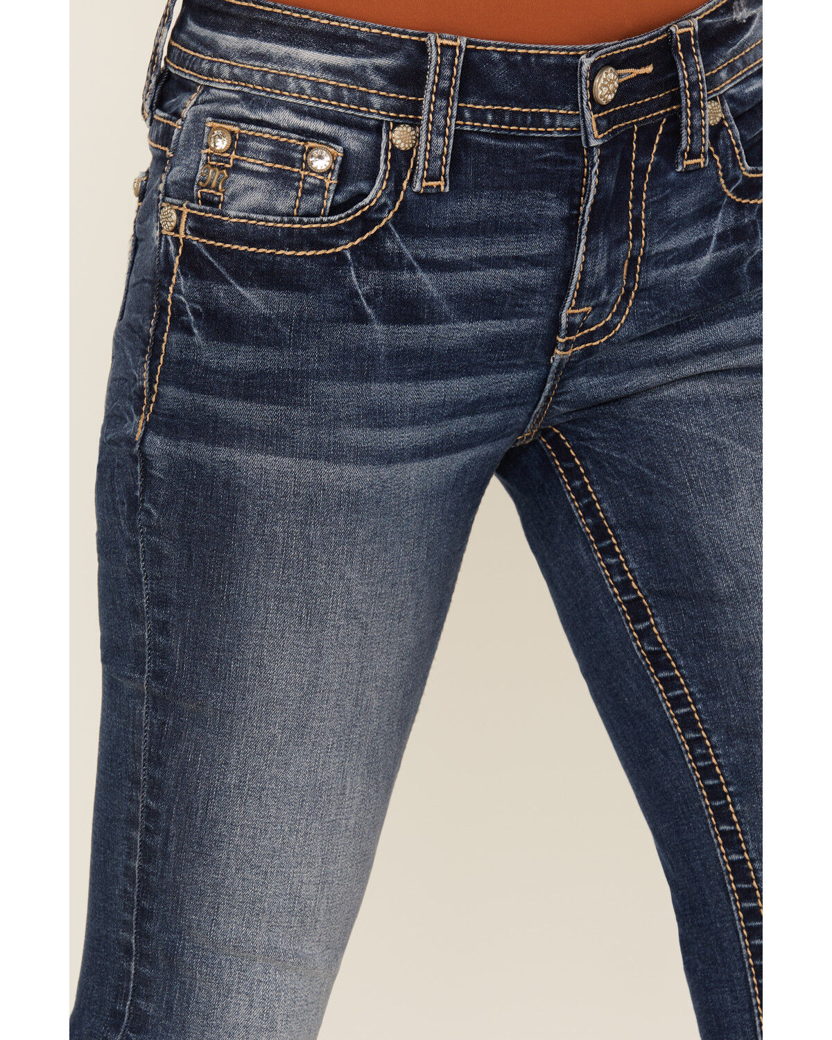Miss Me Women's Dark Wash Mid Rise Leaf Pocket Bootcut Stretch Denim Jeans