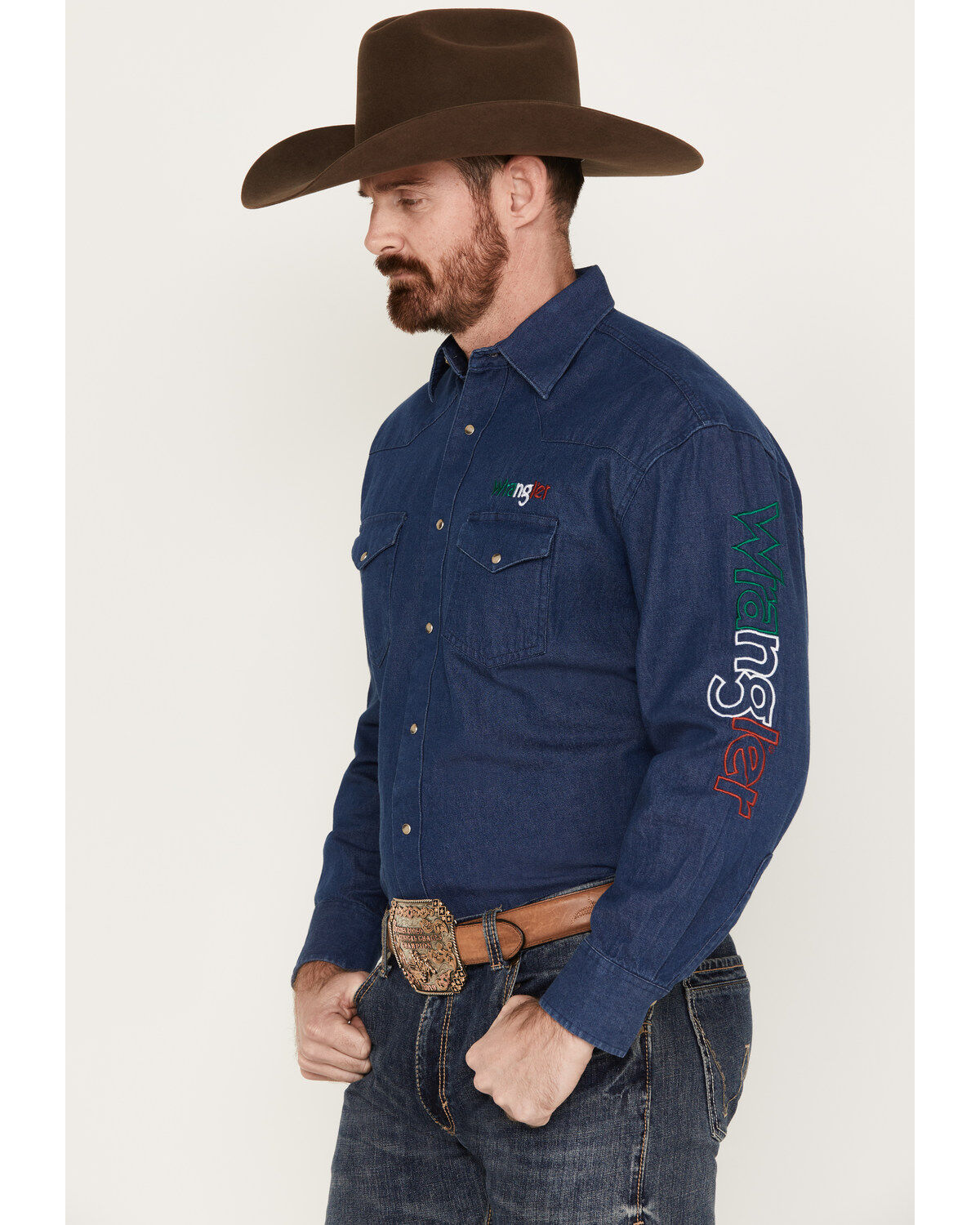 Wrangler Men's Mexico Flag Embroidered Logo Long Sleeve Western Snap Shirt