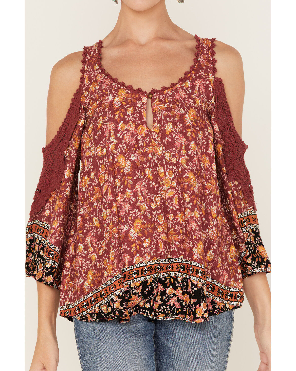 Wild Moss Women's Floral Print Cold Shoulder Top