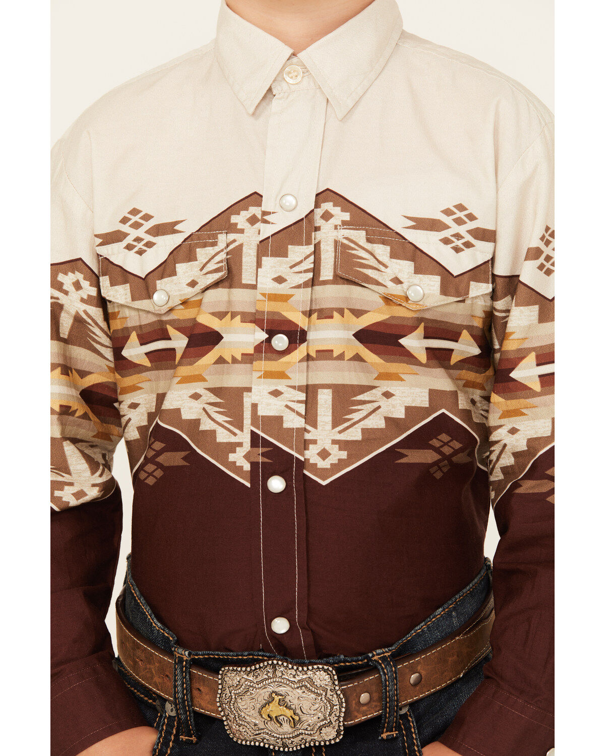 Roper Boys' Southwestern Border Print Long Sleeve Pearl Snap Western Shirt