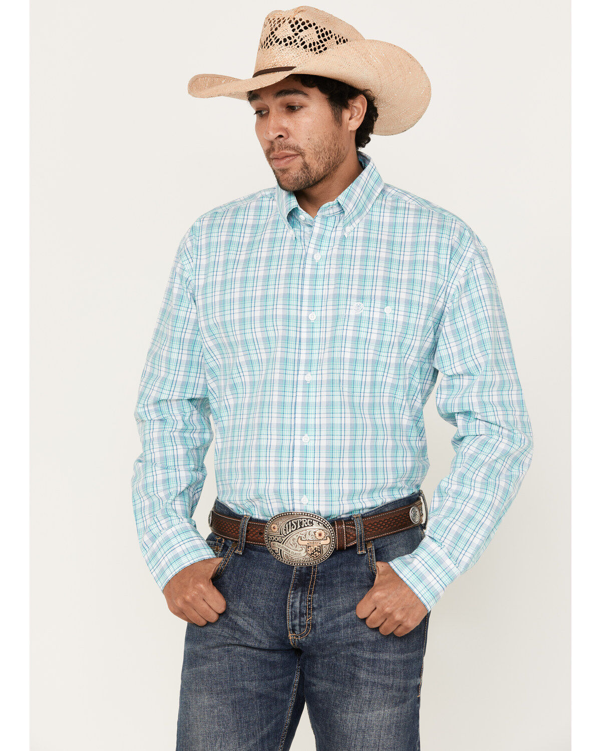 George Strait by Wrangler Men's Plaid Print Button-Down Western Shirt