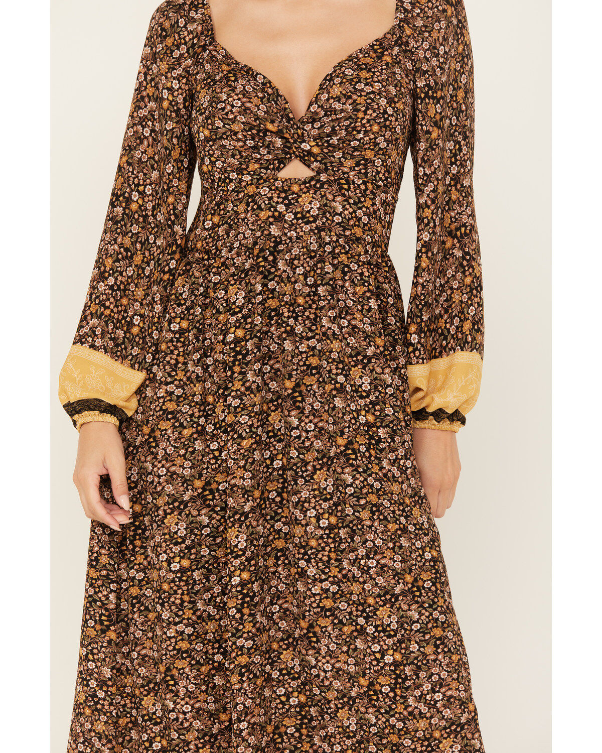 Wild Moss Women's Floral Border Print Long Sleeve Maxi Dress