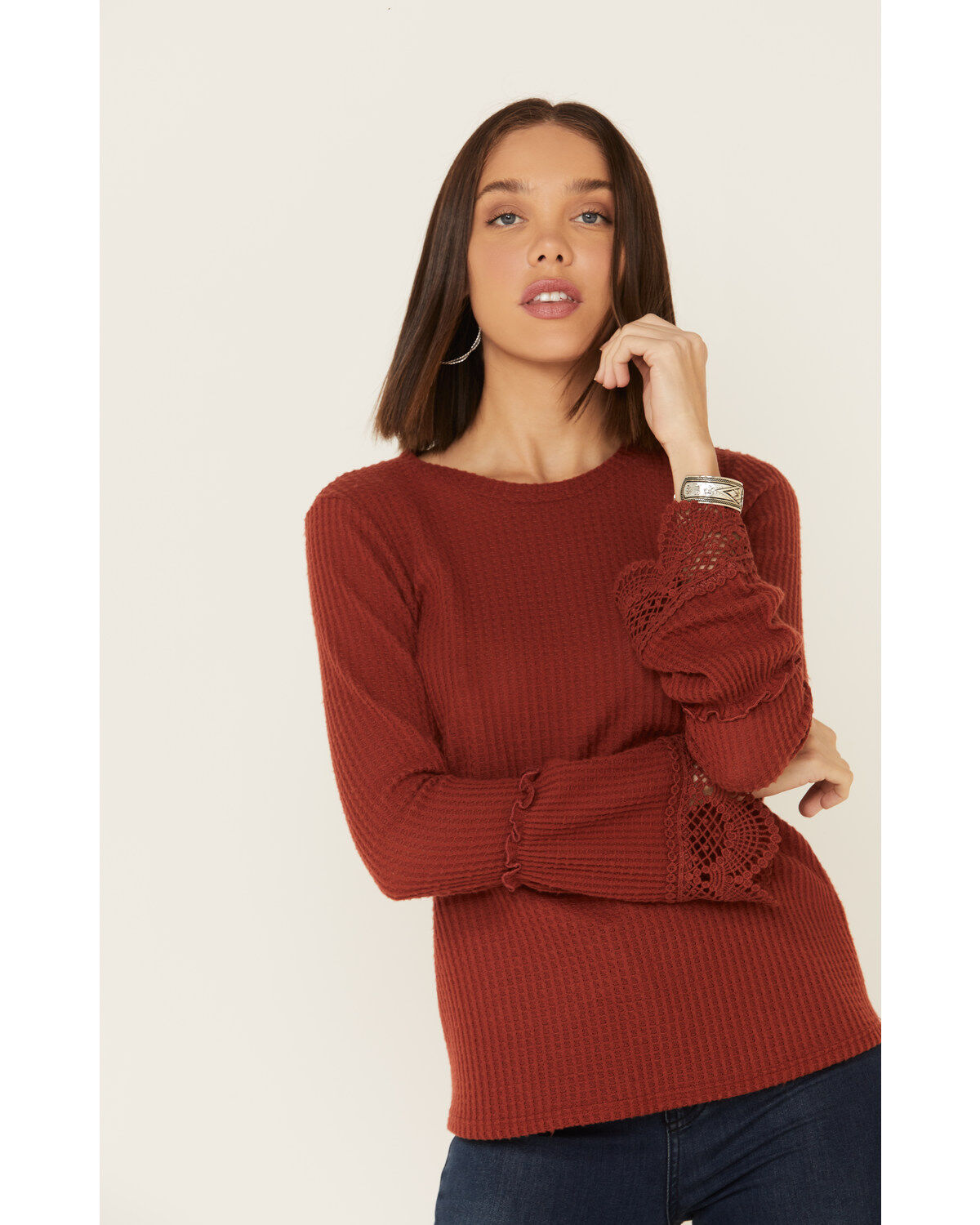 Moa Moa Women's Rust Brushed Thermal Bell Sleeve Top
