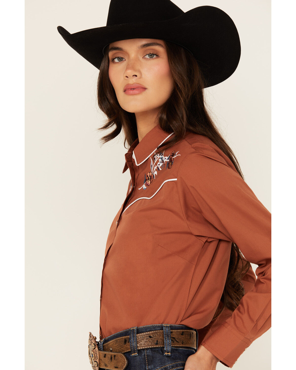 Ely Walker Women's Floral Embroidered Long Sleeve Pearl Snap Western Shirt