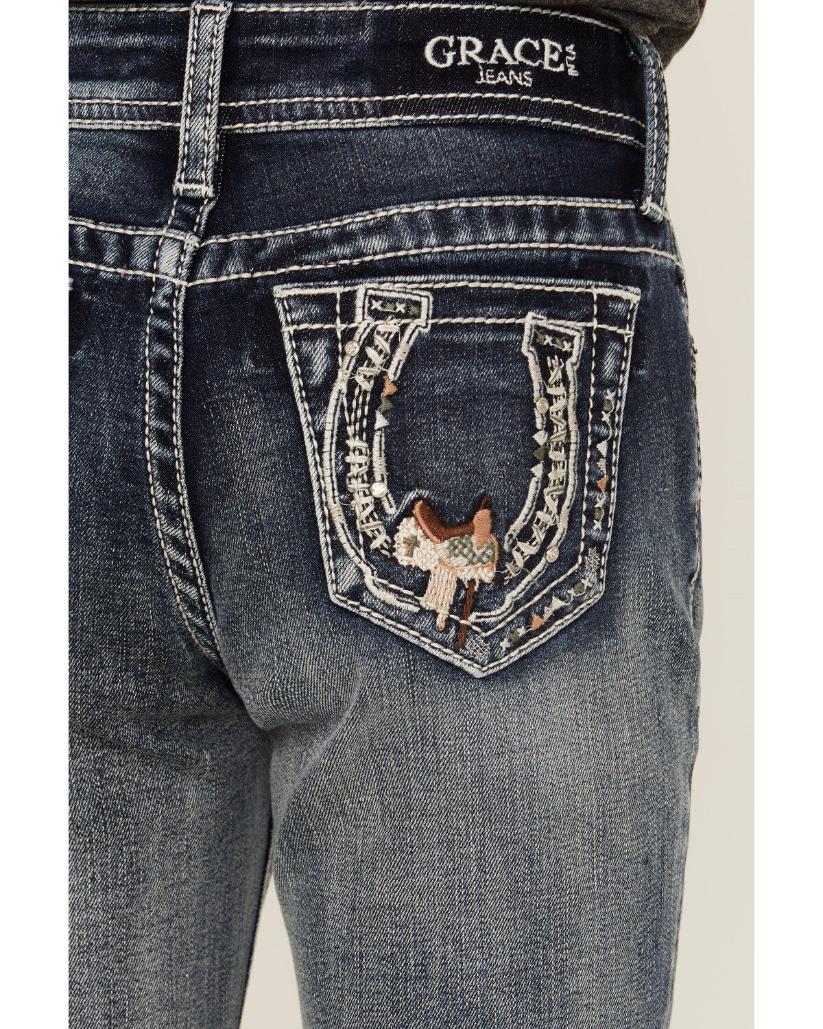 Grace in LA Girls' Medium Wash Horseshoe Embroidered Stretch Bootcut Jeans