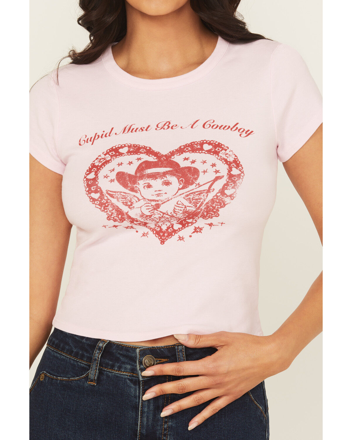 Originality Women's Cupid Cowboy Short Sleeve Baby Graphic Tee