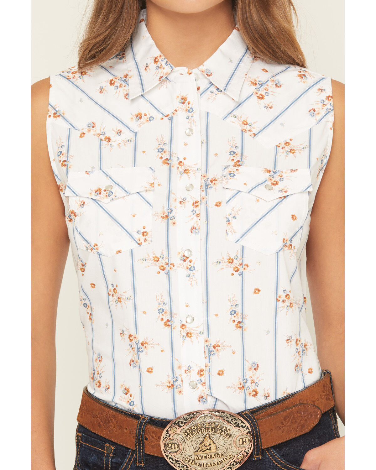 Ely Walker Women's Floral Striped Sleeveless Pearl Snap Western Shirt