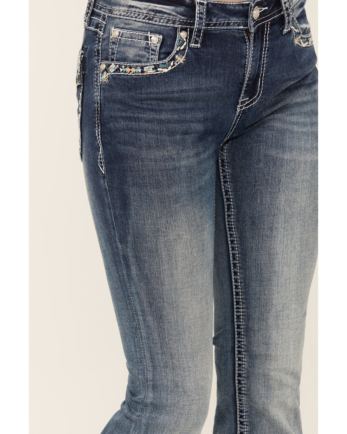 Grace In LA Women's Medium Wash Faux Flap Pocket Mid Rise Bootcut Stretch Denim Jeans