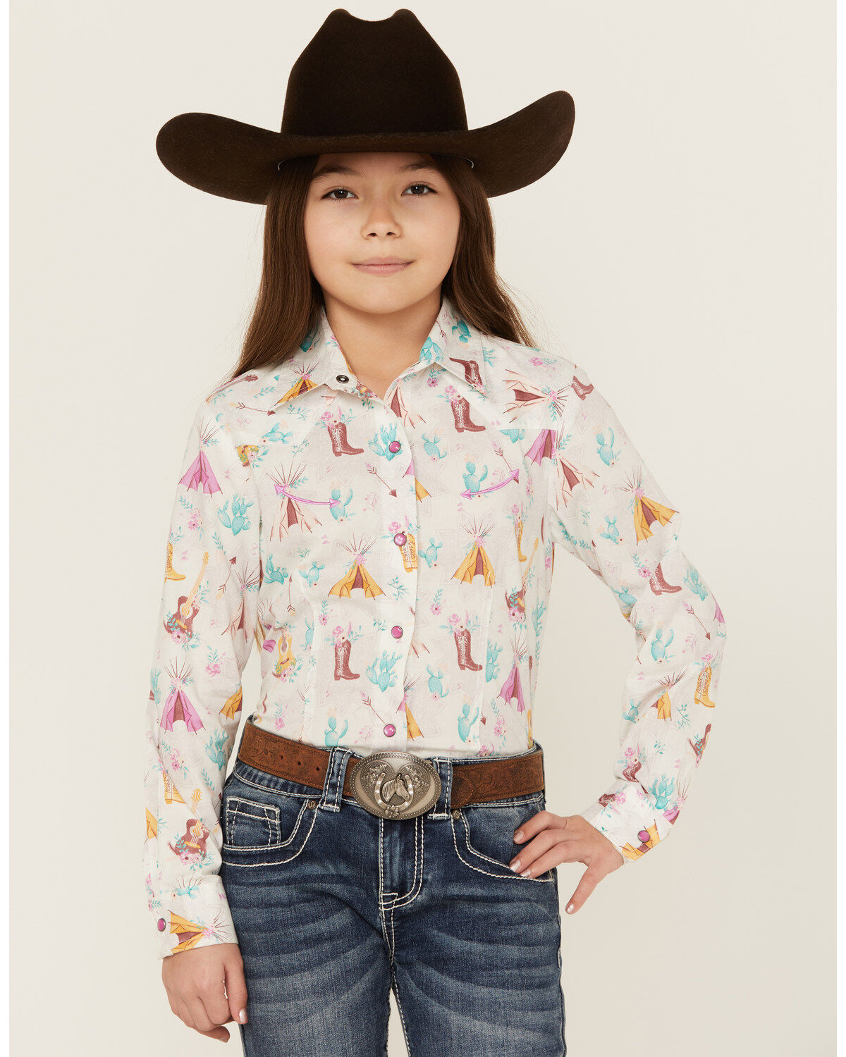 Cruel Girl Girls' Conversation Print Long Sleeve Pearl Snap Western Shirt