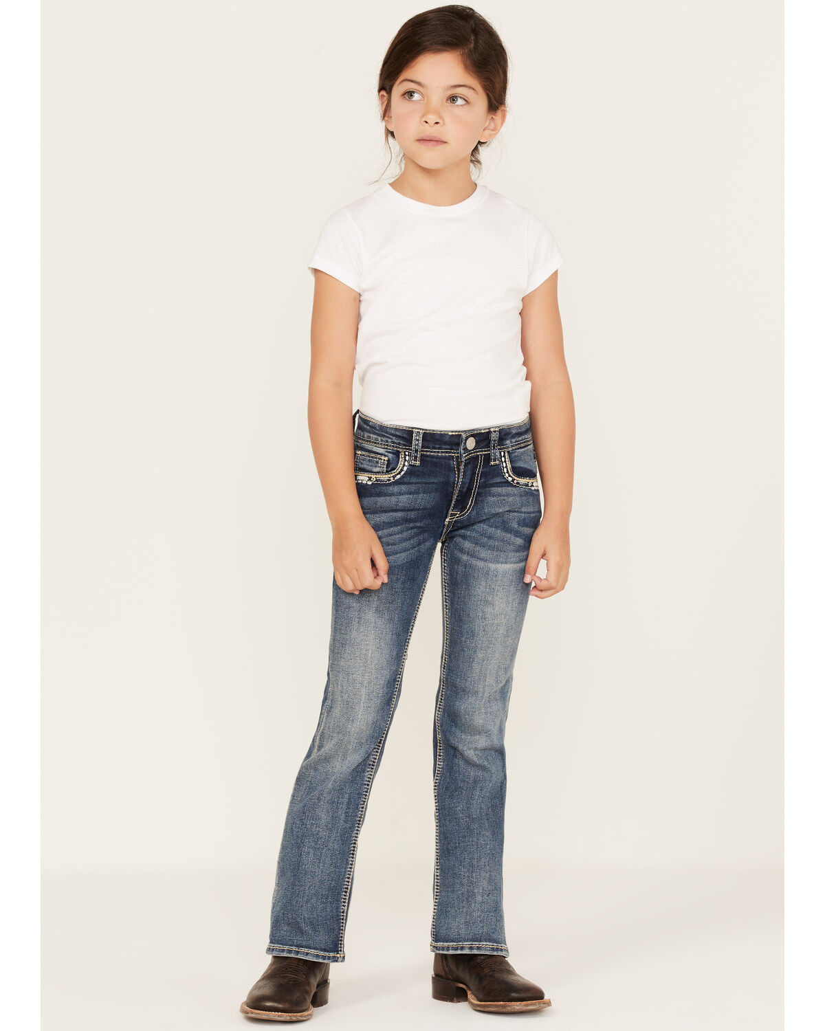 Grace in LA Girls' Medium Wash Mid Rise Embroidered Cactus Bootcut Jeans