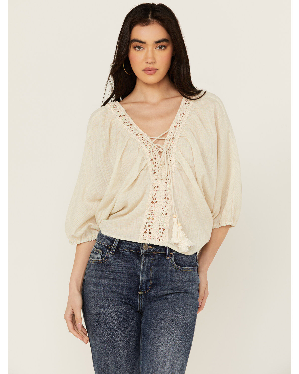 Miss Me Women's Long Sleeve Geo Crochet Top