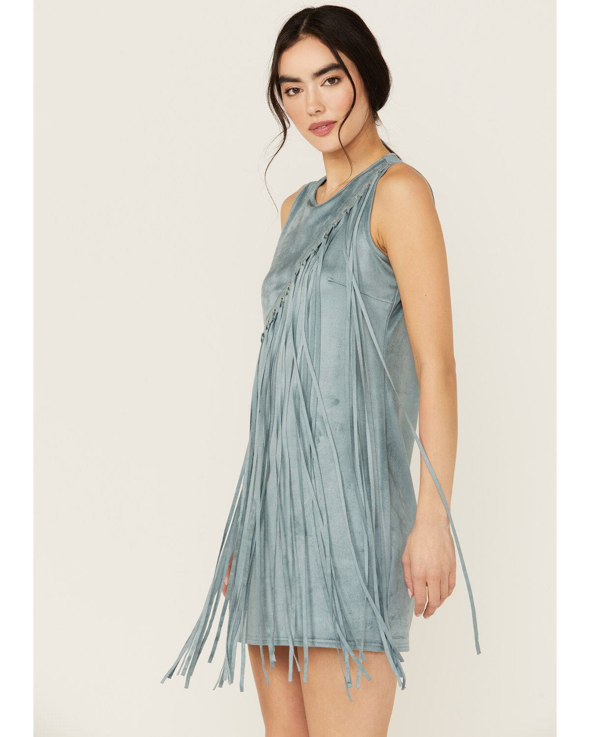 Rock & Roll Denim Women's Asymmetrical Fringe Sleeveless Mini Dress