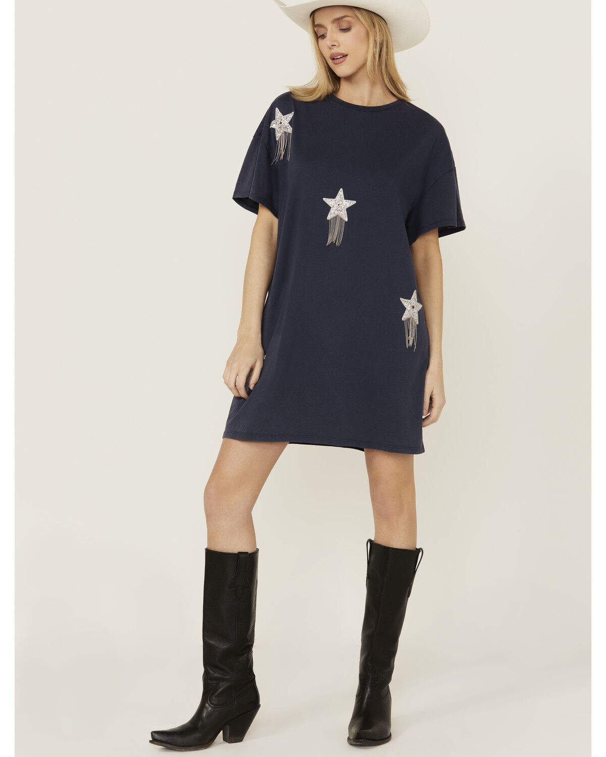Rock & Roll Denim Women's Sequins Star Short Sleeve T-Shirt Mini Dress