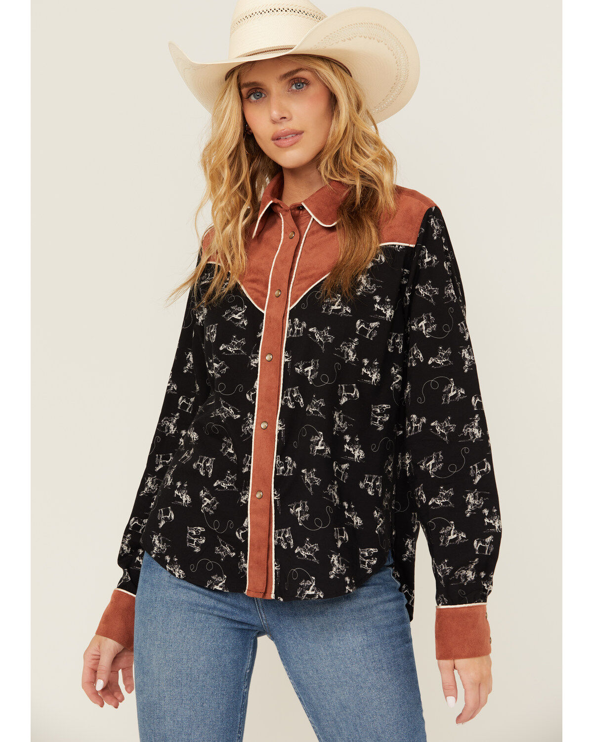Cruel Girl Women's Conversation Print Long Sleeve Snap Western Shirt