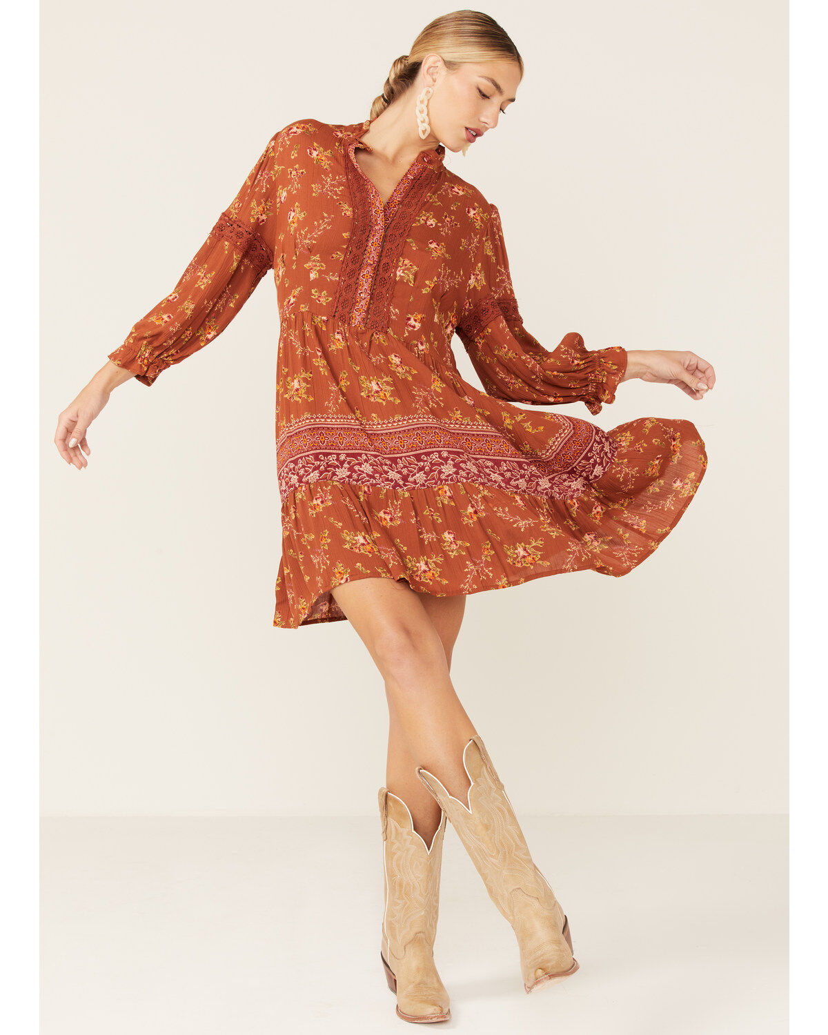 Angie Women's Floral Lace Trim Long Sleeve Mini Dress