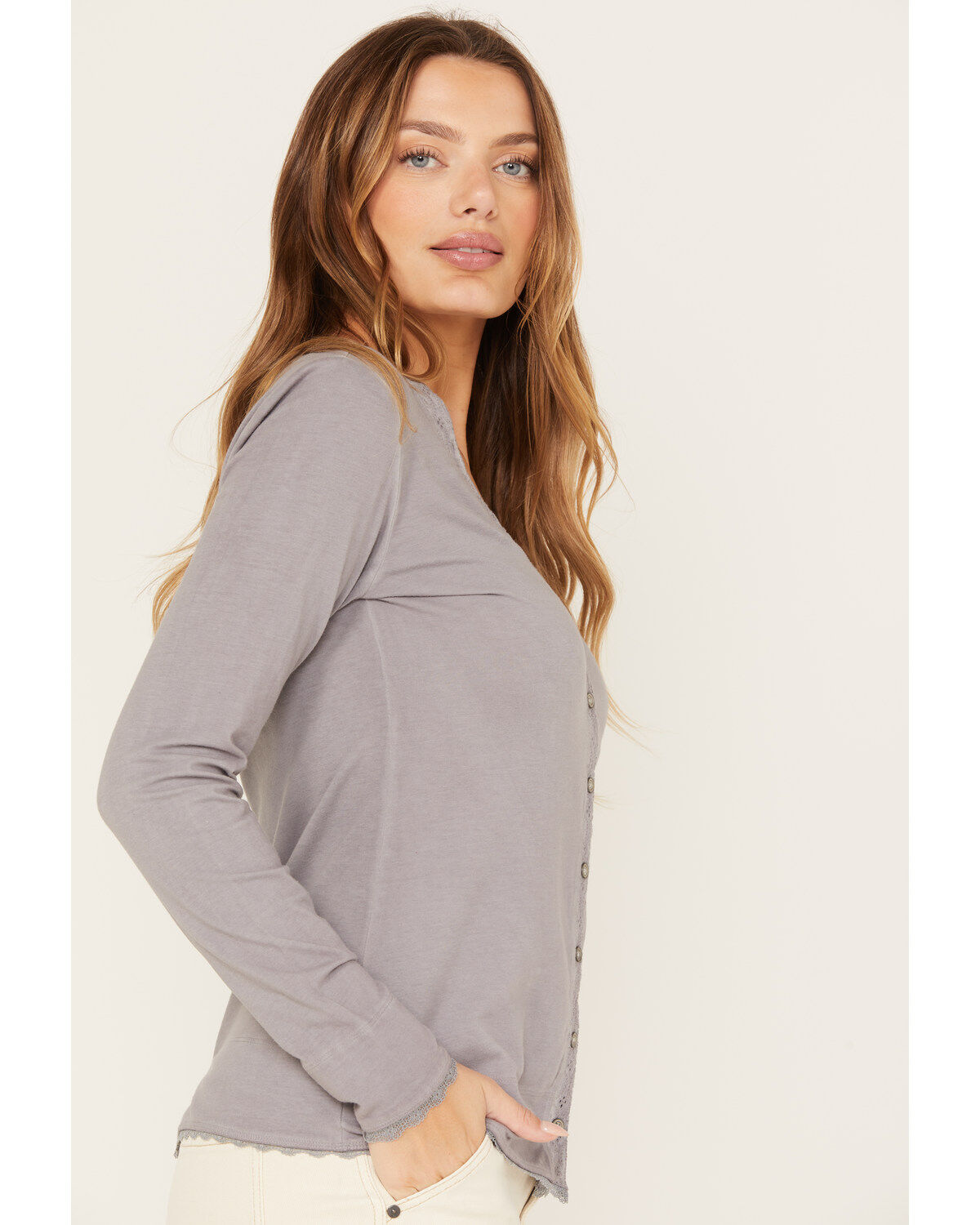 Cleo + Wolf Women's Acid Wash V-Neck Long Sleeve Top