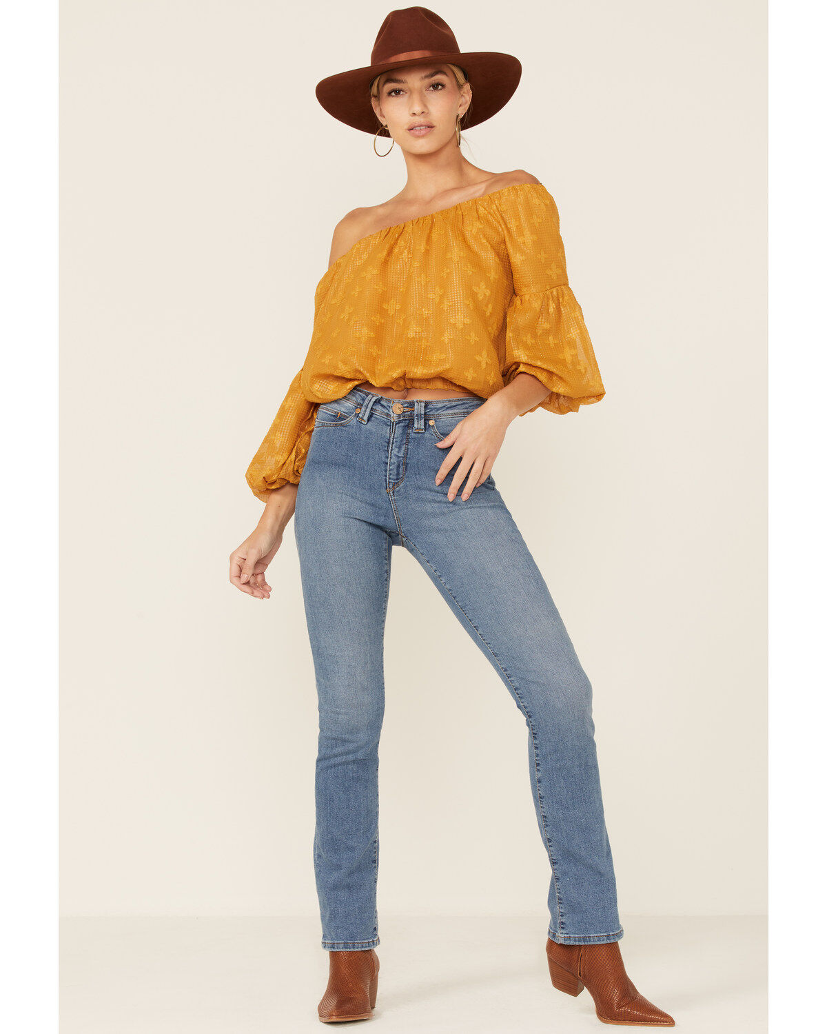 Flying Tomato Women's Mustard Textured Off The Shoulder Crop Top
