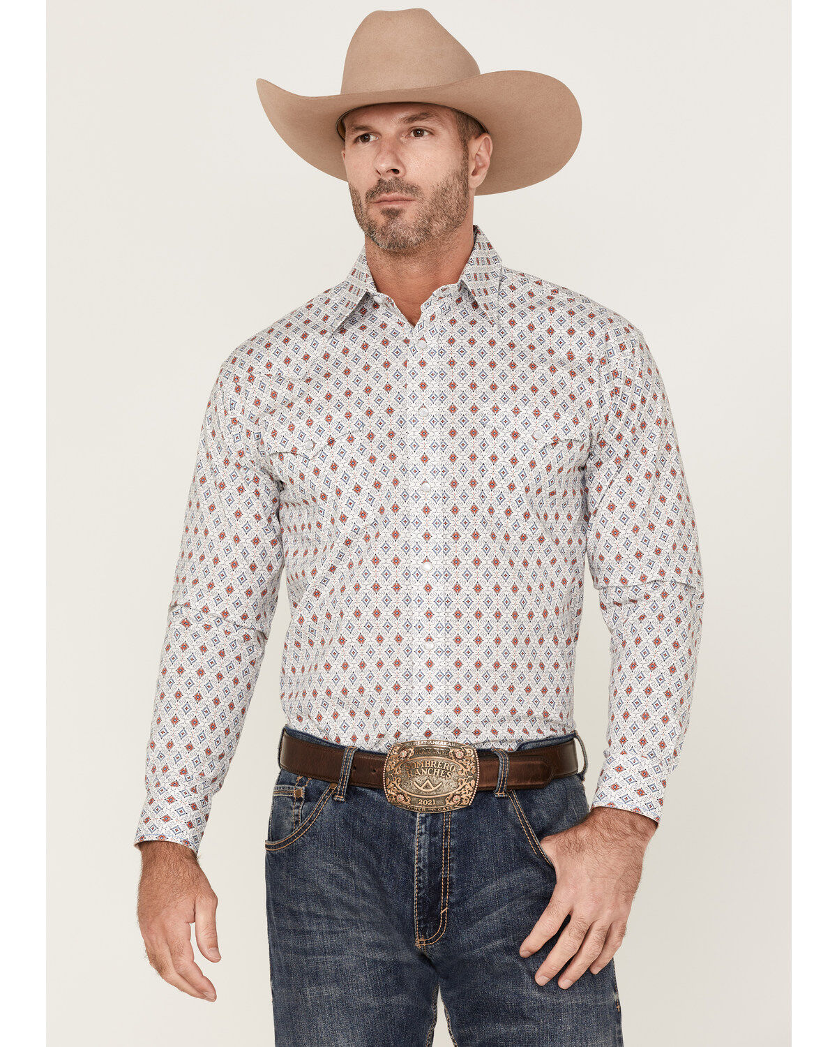 Rough Stock By Panhandle Men's Fancy Diamond Print Long Sleeve Pearl Snap Western Shirt