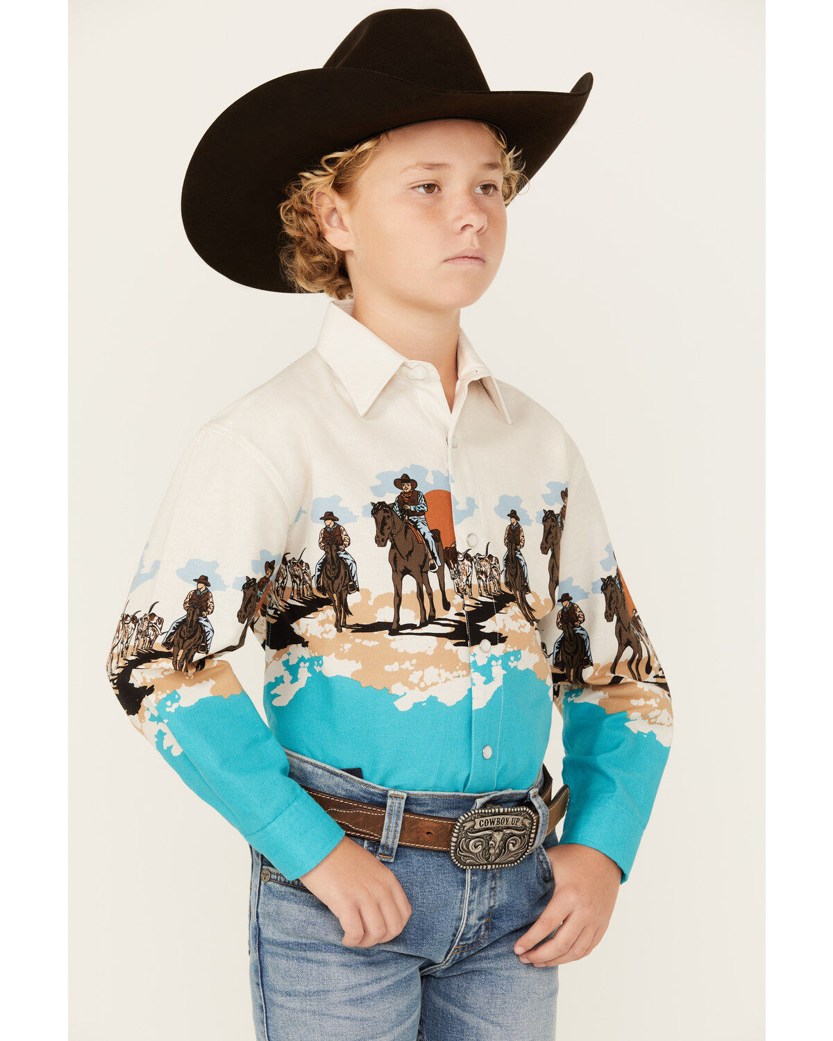Panhandle Boys' Running Horse Border Print Long Sleeve Pearl Snap Western Shirt
