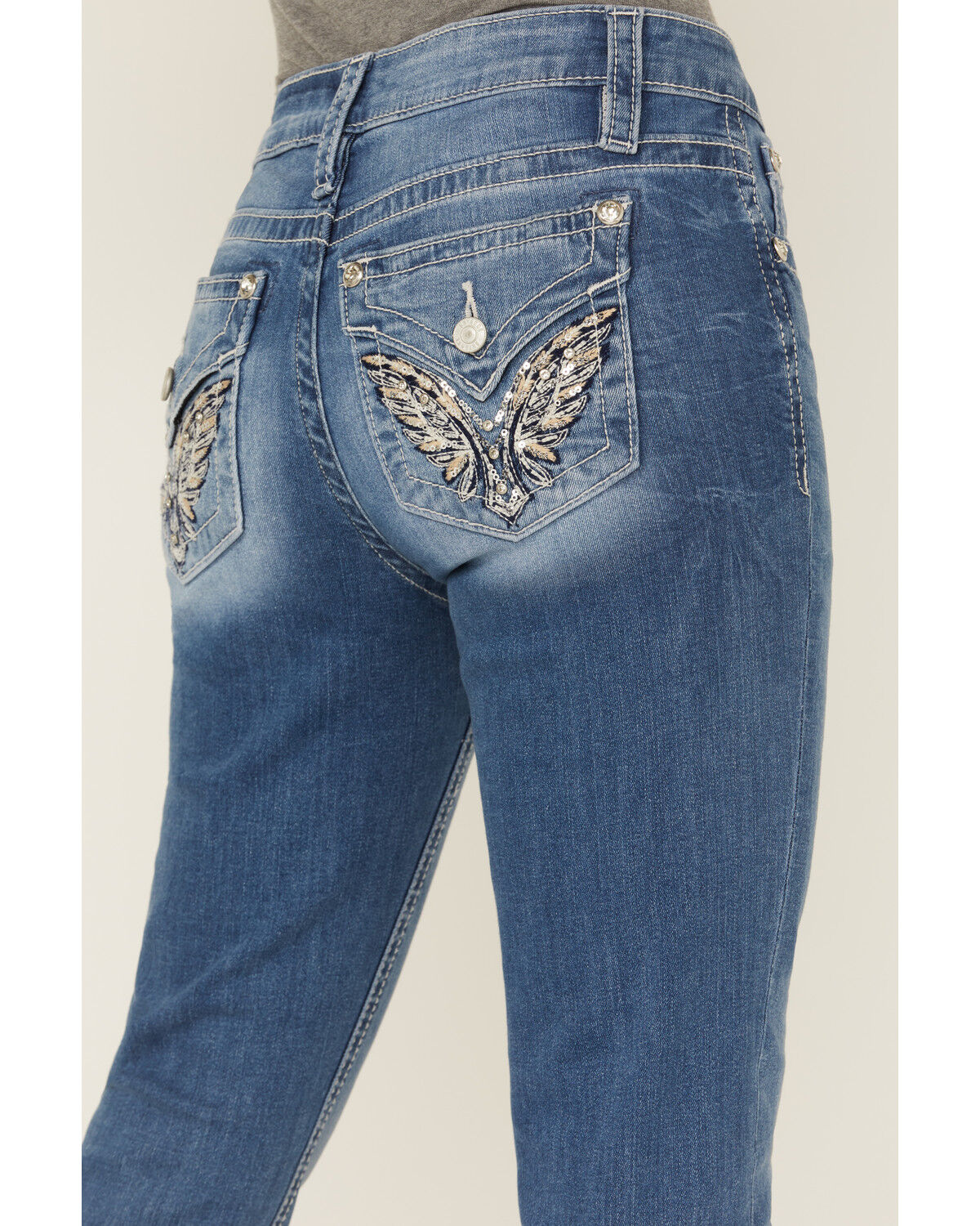 Shyanne Mid Rise Medium Wash Bootcut Wing Faux Flap Stretch Denim Jeans
