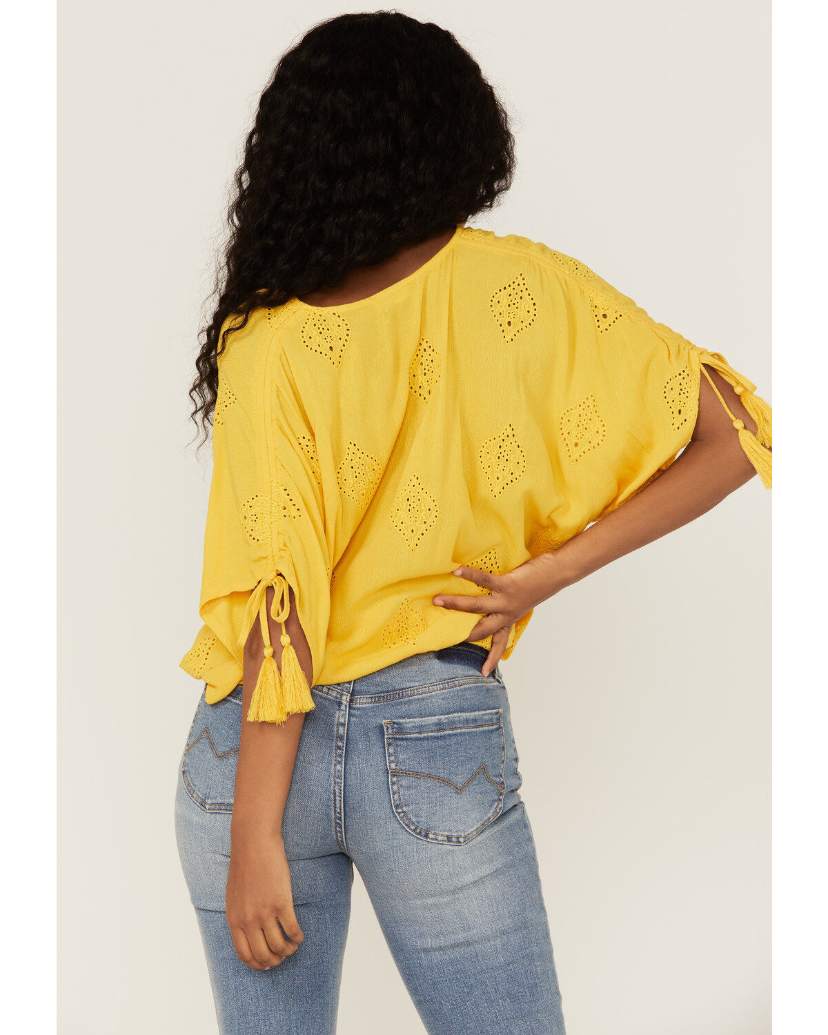 Miss Me Women's Mustard Button Front Embroidered Tassel Trim Top