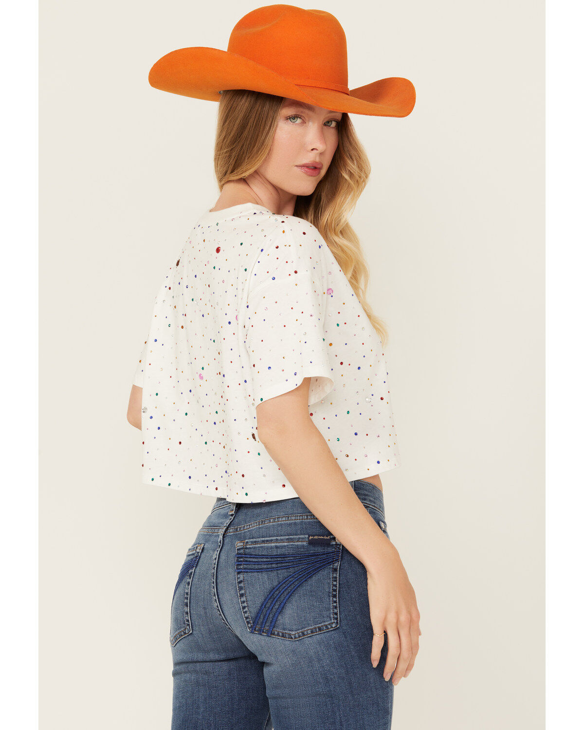 Blue B Women's Rhinestone Short Sleeve Cropped Tee