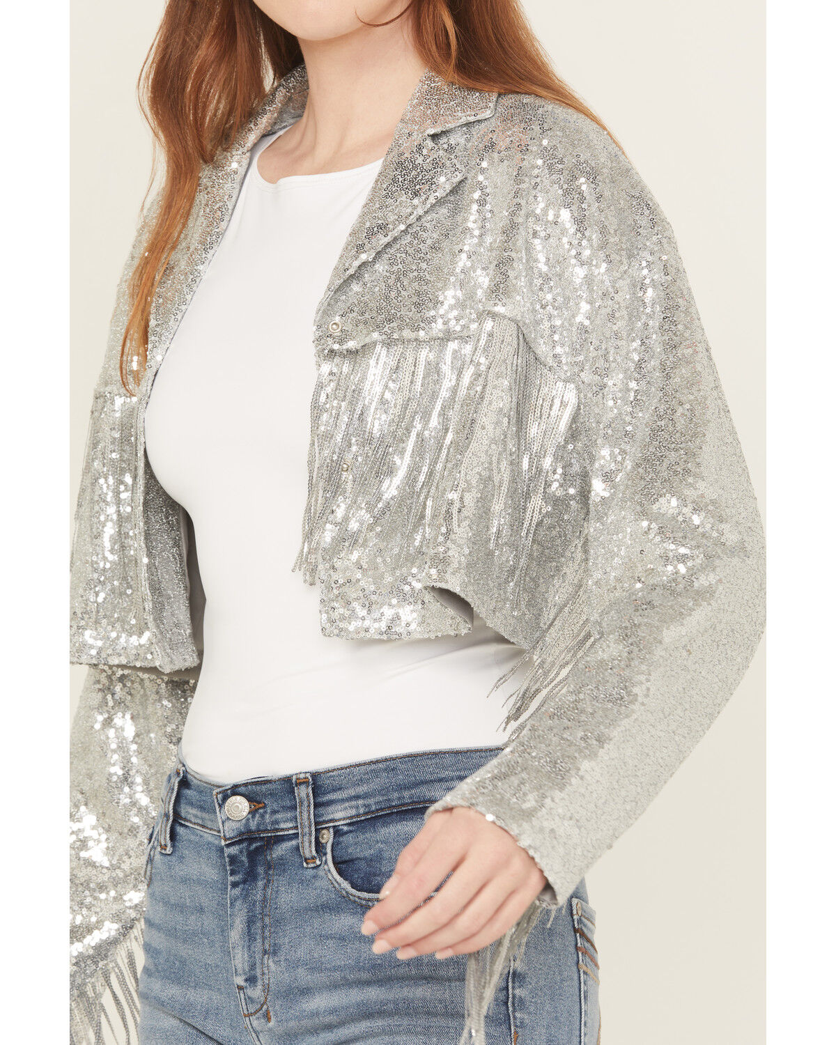 Saints & Hearts Women's Sequin Embellished Fringe Cropped jacket