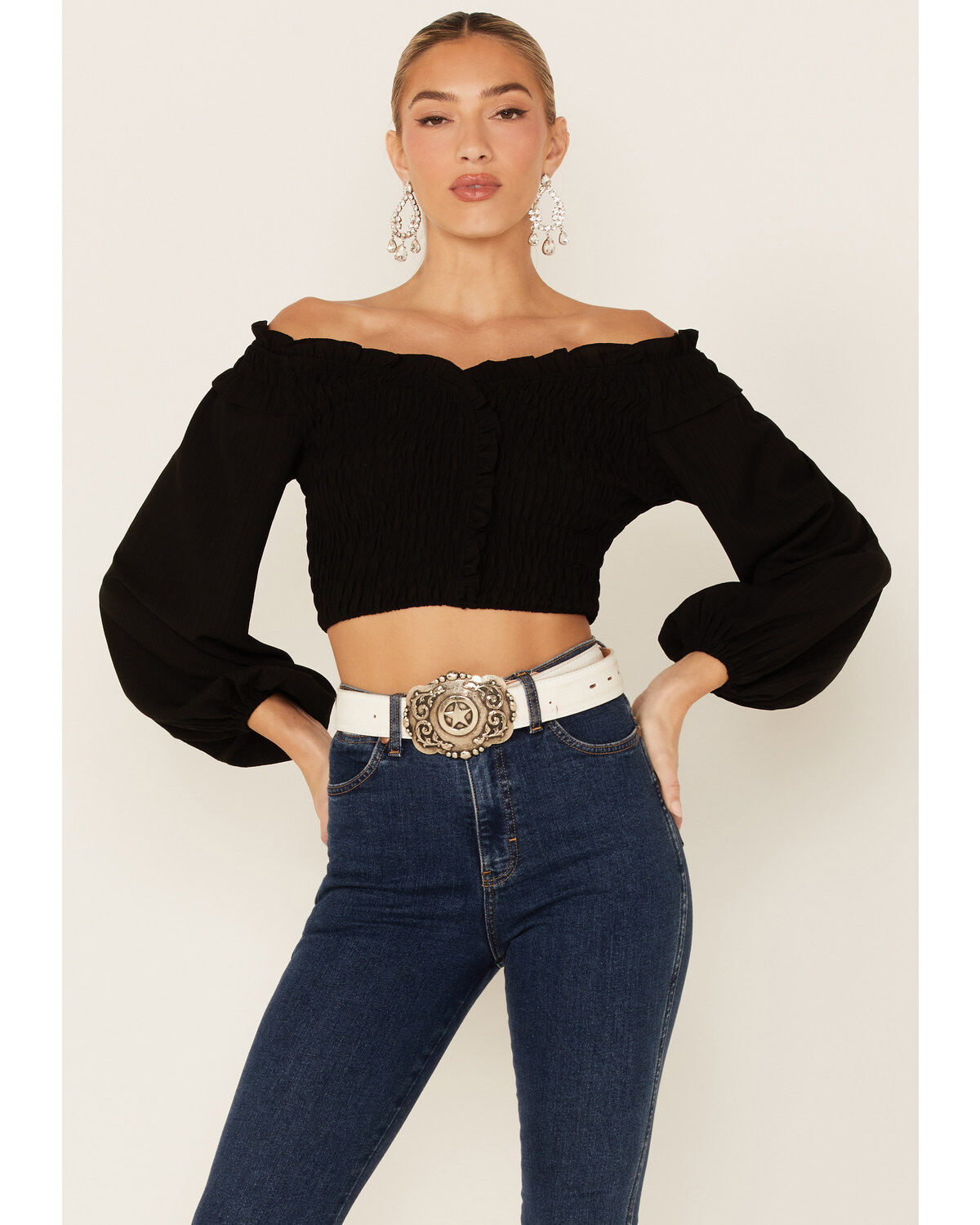 Flying Tomato Women's Solid Off The Shoulder Smocked Crop Long Sleeve Top