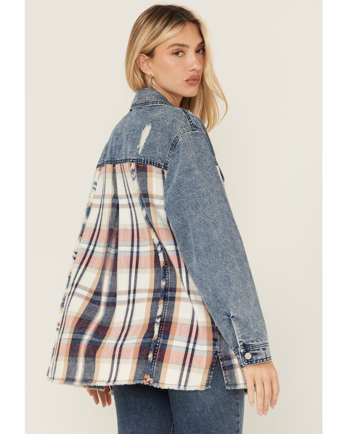 26 International Women's Plaid Print Long Sleeve Button-Down Denim Shacket