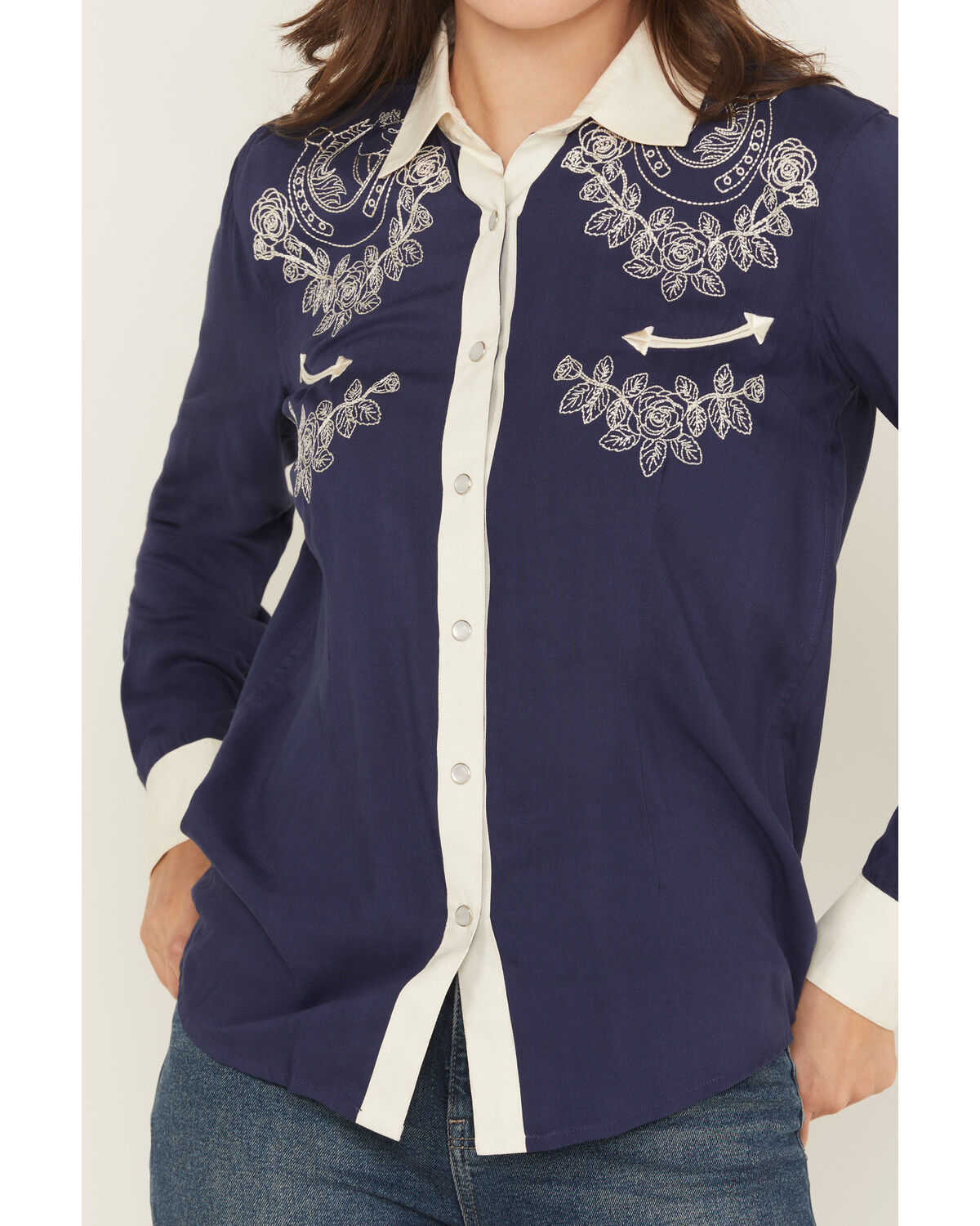 Panhandle Women's Retro Floral & Horse Embroidered Long Sleeve Pearl Snap Western Shirt