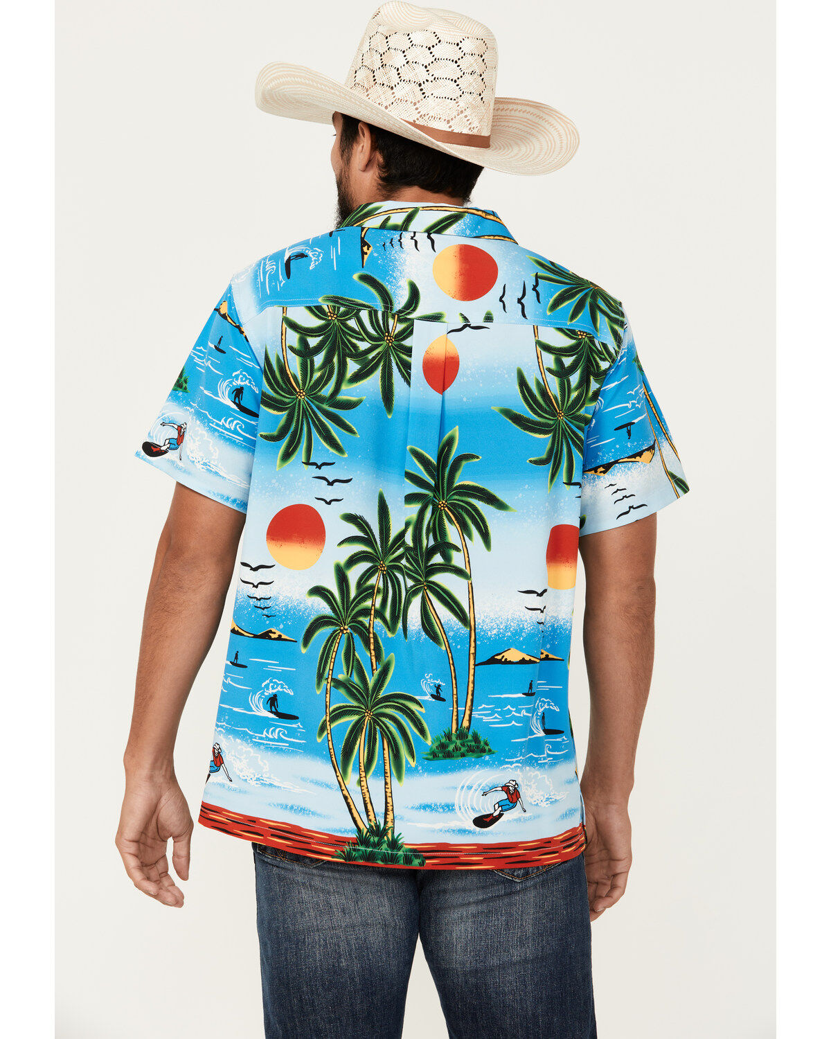 Cinch Men's Camp Ocean And Palm Trees Short Sleeve Button-Down Shirt