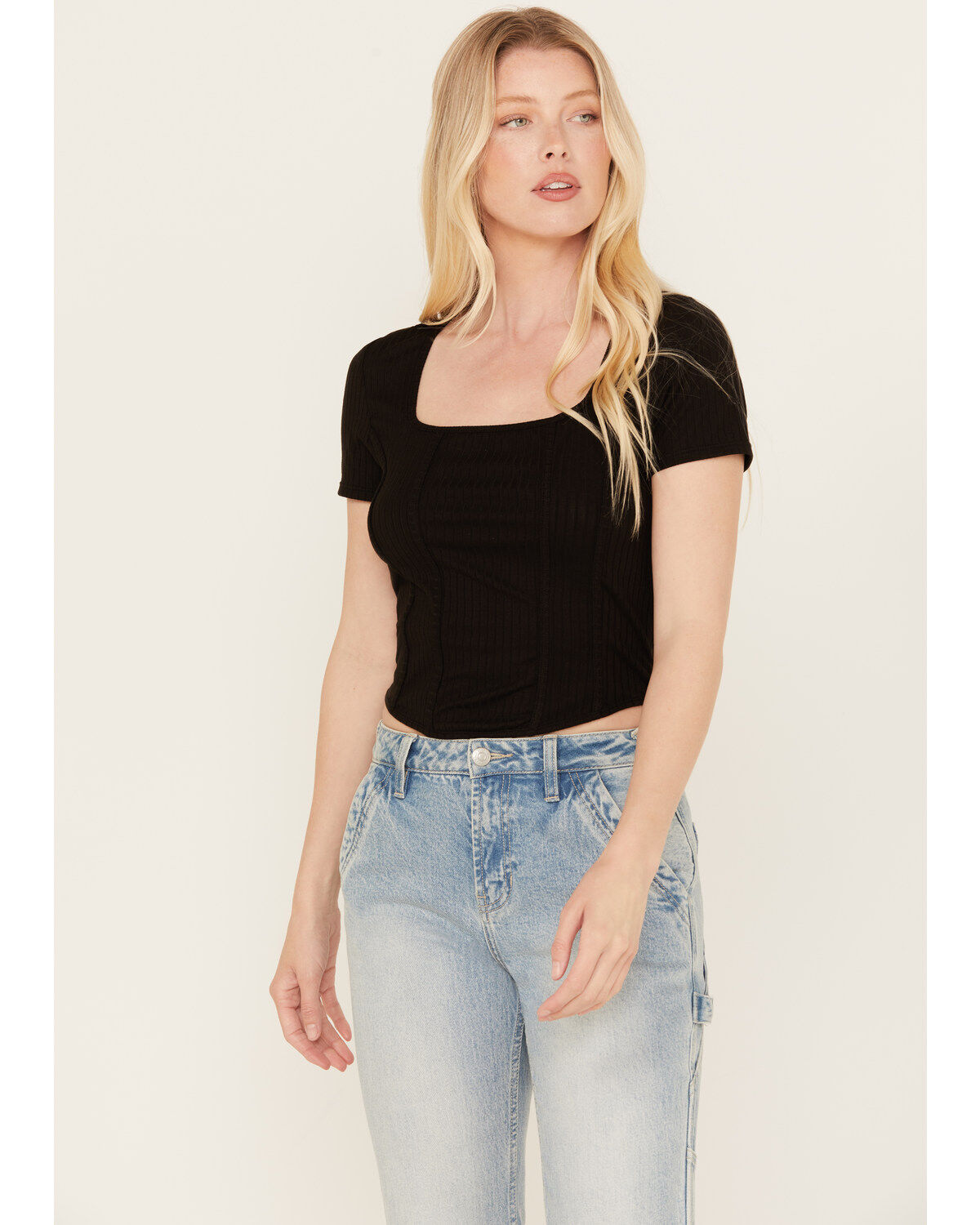 Moa Moa Women's Ribbed Corset Style Short Sleeve Top