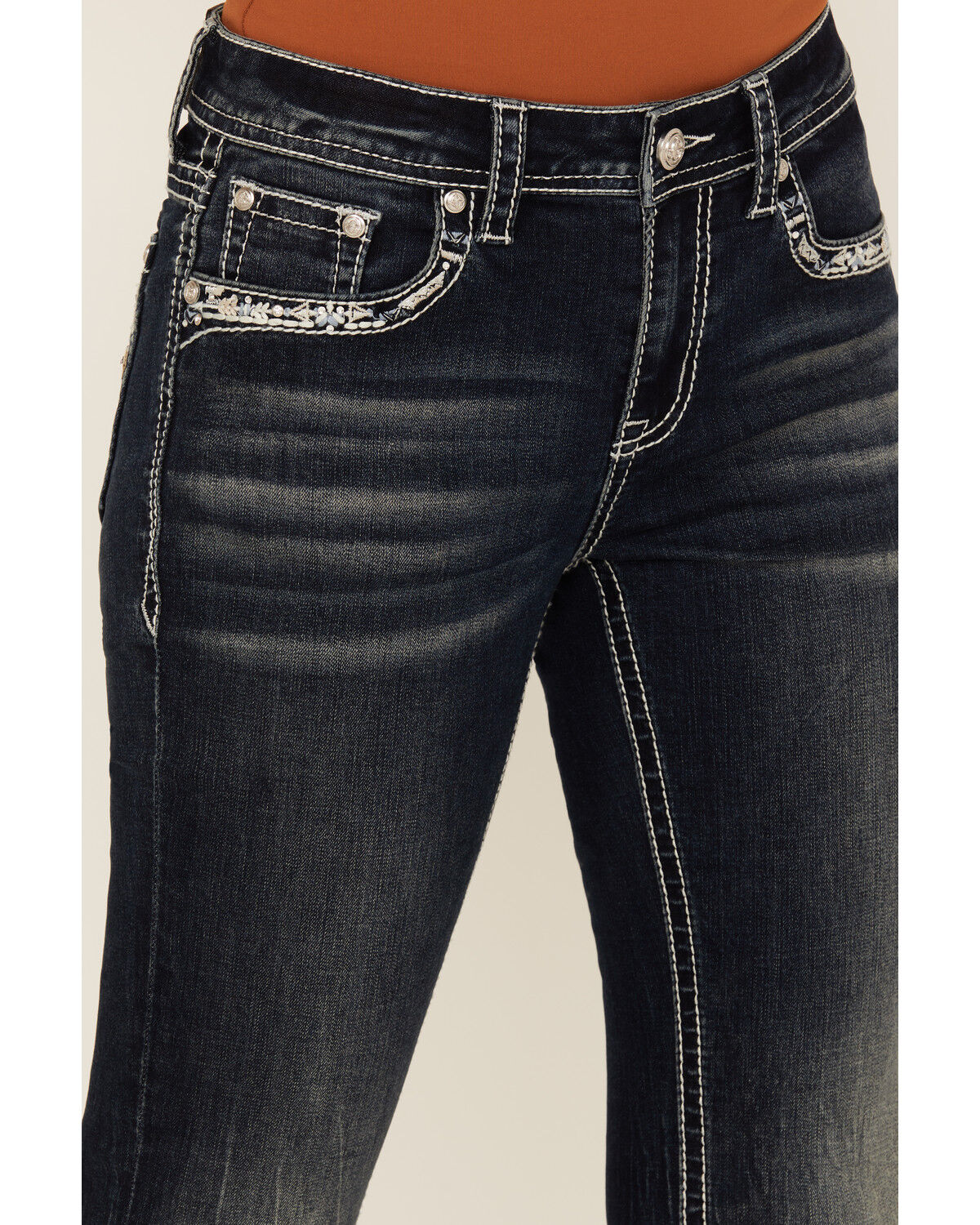 Grace In LA Women's Dark Wash Geo Print Embroidered Mid Rise Bootcut Stretch Denim Jeans