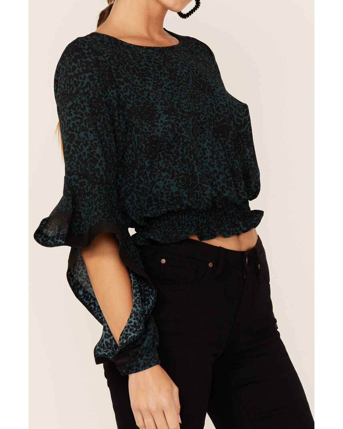 Shyanne Women's Dark Green Animal Print Bell Sleeve Crop Top