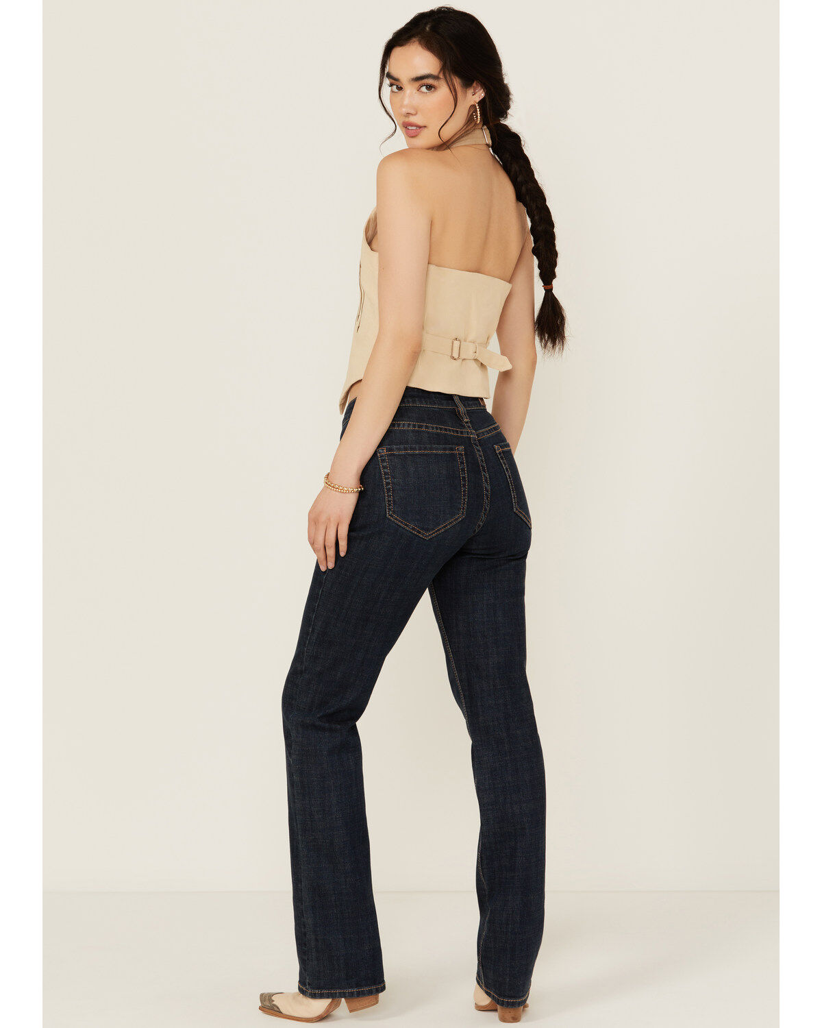 Rock & Roll Denim Women's Dark Wash High Rise Western Yoke Modest Bootcut Stretch Denim Jeans