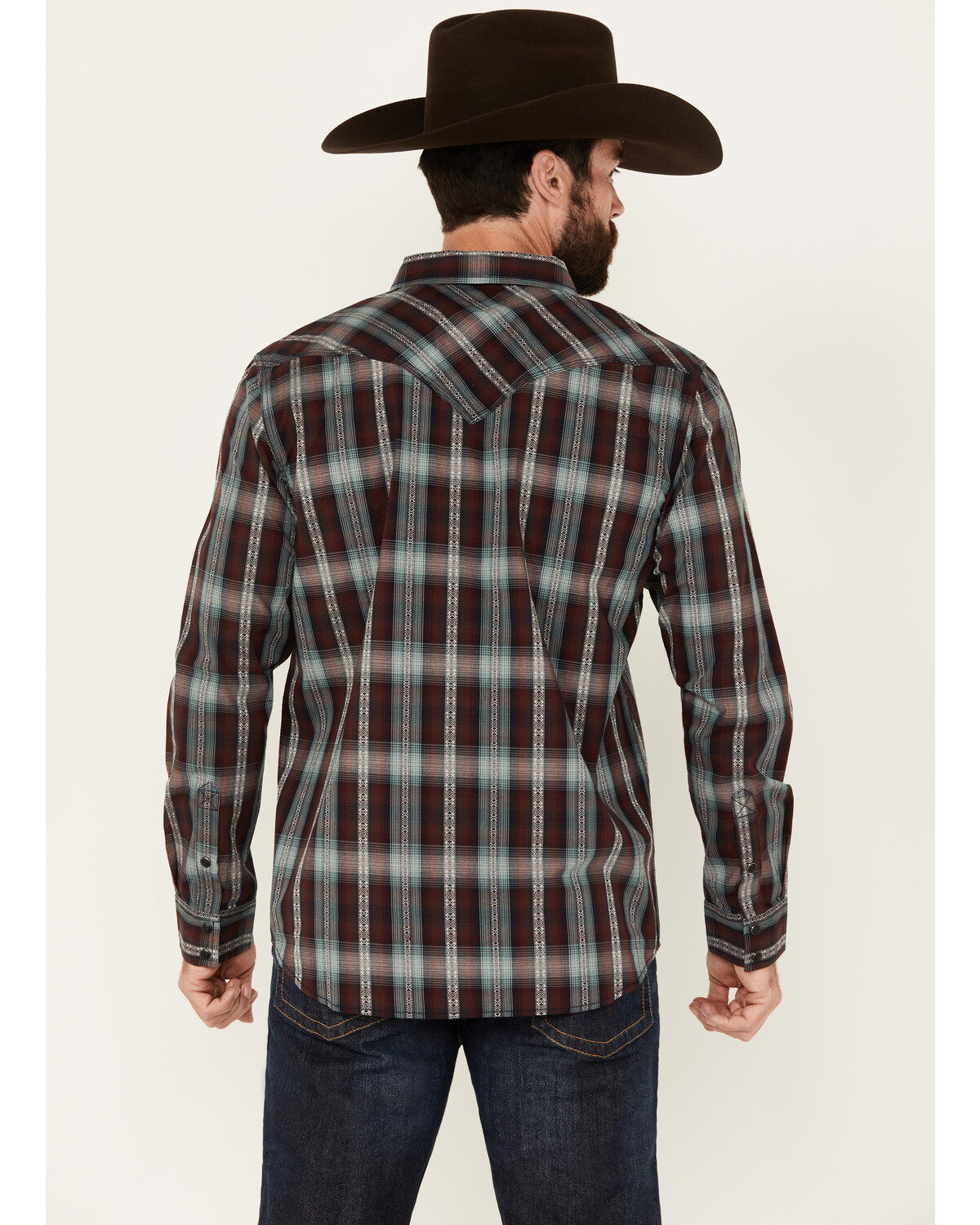 Moonshine Spirit Men's Lone Horn Plaid Print Long Sleeve Snap Western Shirt