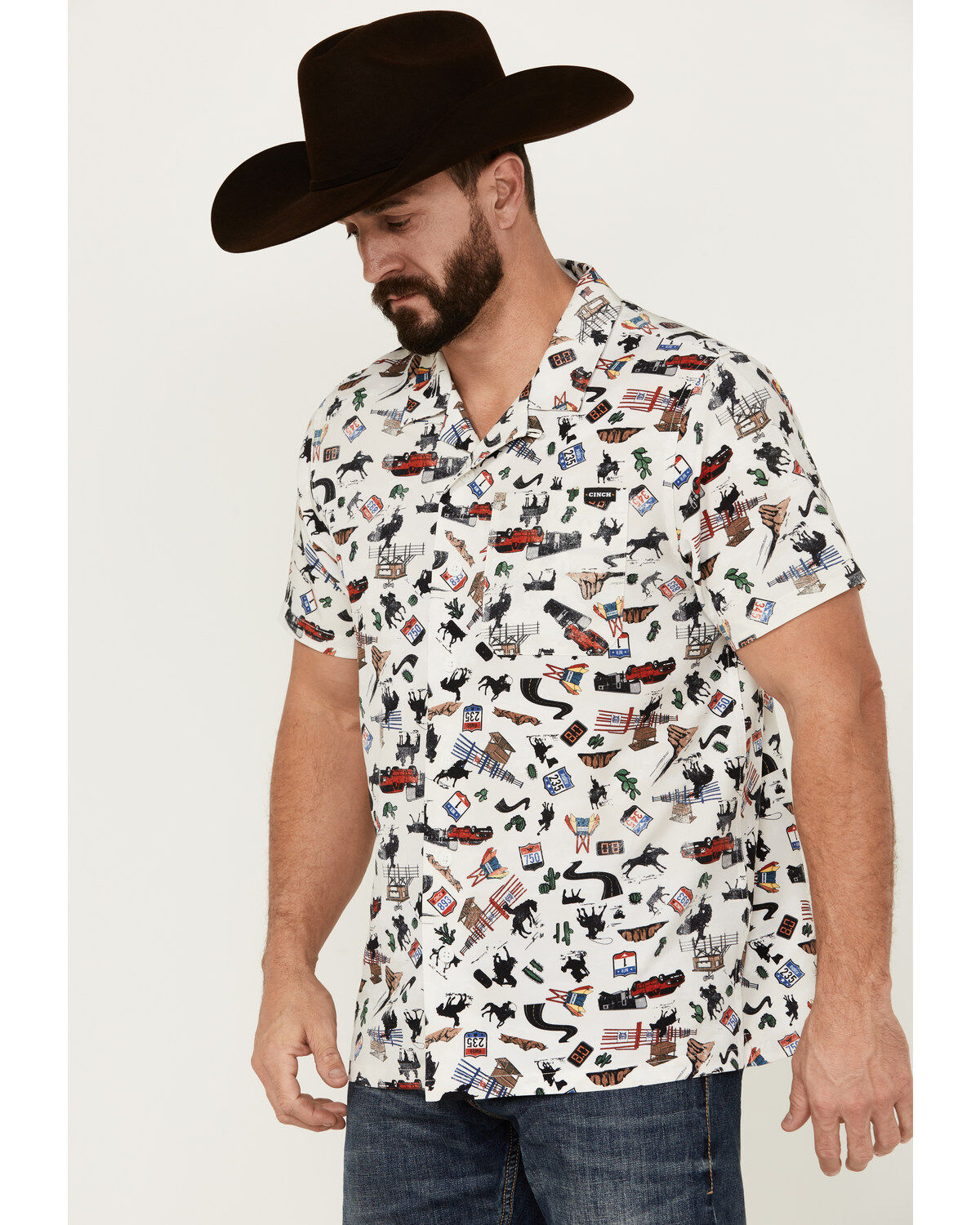 Cinch Men's Rodeo Conversational Print Short Sleeve Button-Down Performance Stretch Western Shirt