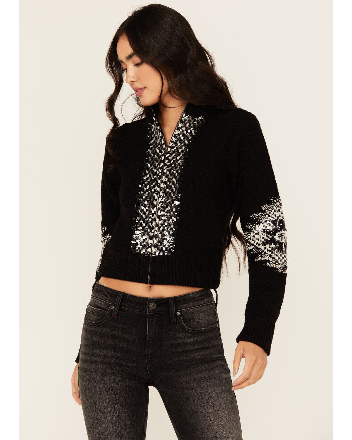 Idyllwind Women's Dallas Sequins Cropped Zip Front Sweater