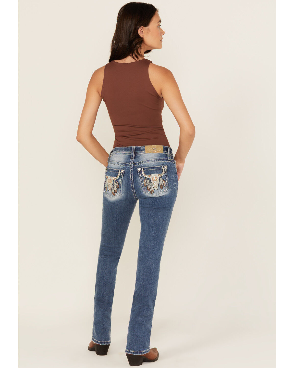 Miss Me Women's Medium Wash Mid Rise Steer Head Bootcut Stretch Denim Jeans