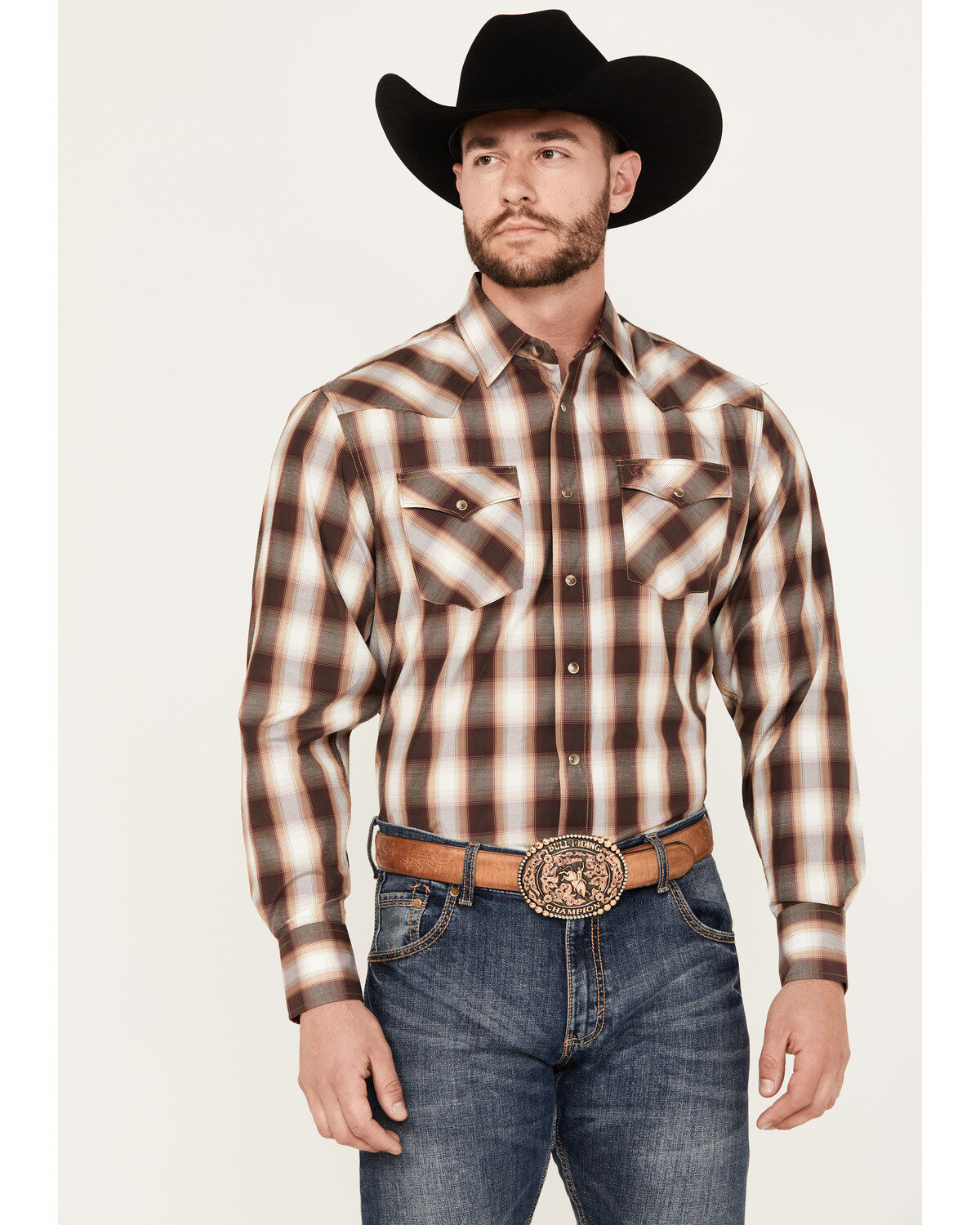 Rodeo Clothing Men's Plaid Print Long Sleeve Snap Western Shirt