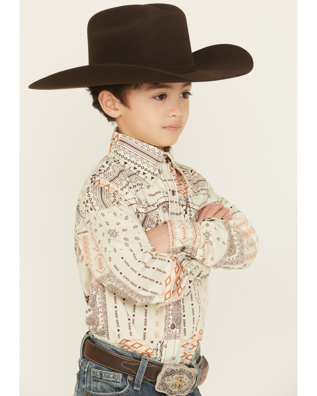 Cowboy Hardware Boys' Southwestern Bandana Print Long Sleeve Snap Stretch Western Shirt