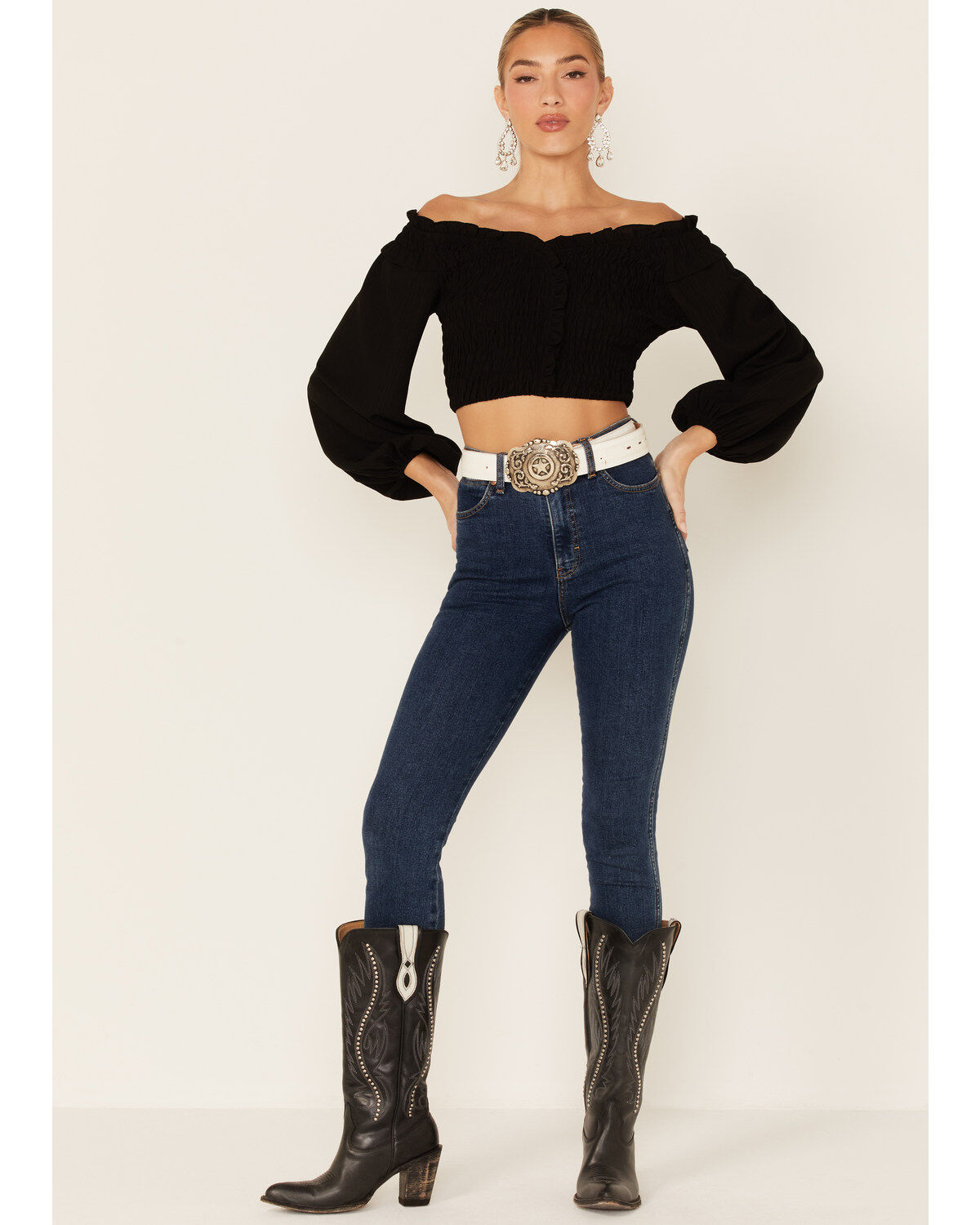 Flying Tomato Women's Solid Off The Shoulder Smocked Crop Long Sleeve Top