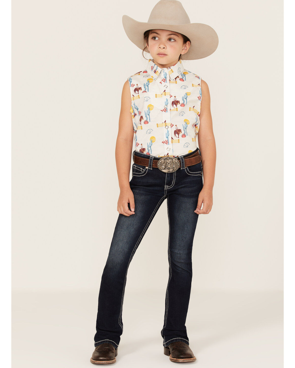 Rock & Roll Denim Girls' Cowboy Horse Print Sleeveless Western Snap Shirt
