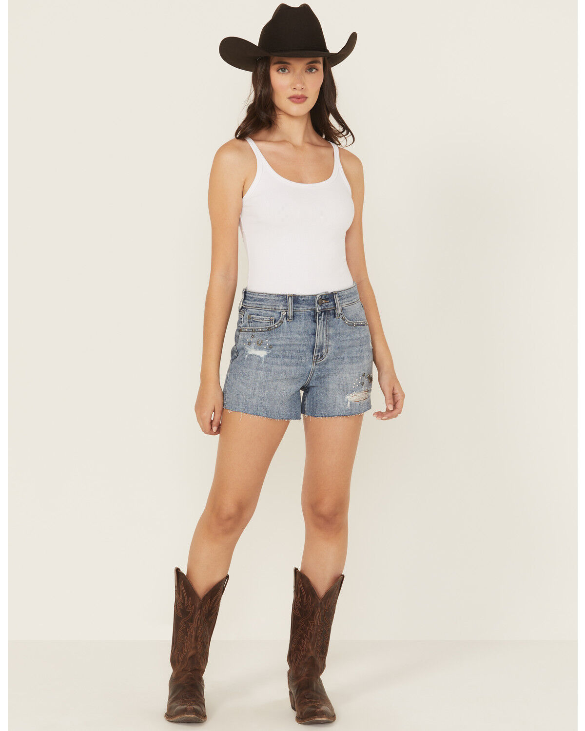 Shyanne Women's Novelty Western Studded Medium Wash High Rise Stretch Denim Shorts