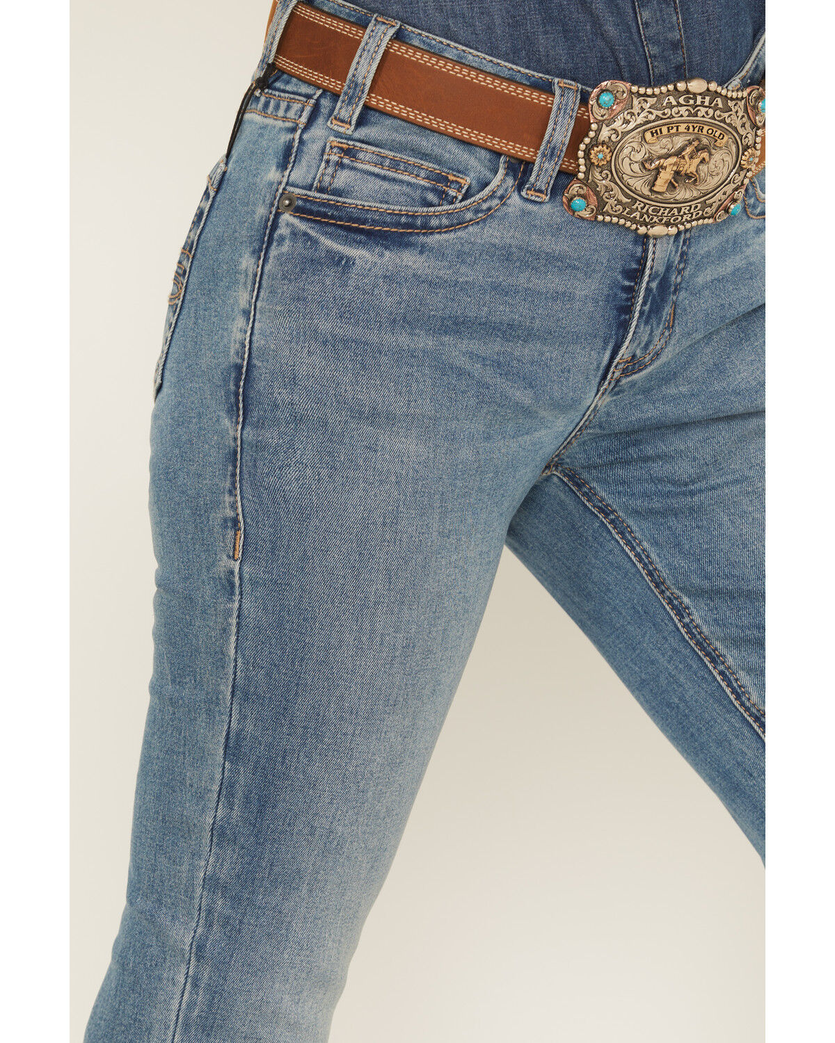 Rock & Roll Denim Women's Medium Wash Mid Rise Boot Stitch Bootcut Stretch Denim Jeans