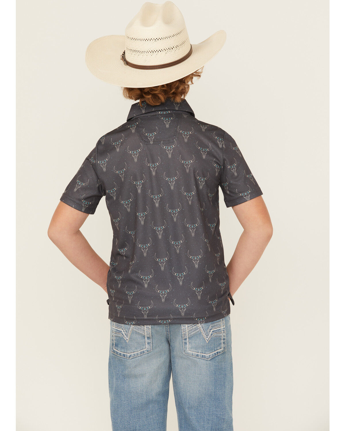 Rock & Roll Denim Boys' Long Horn Print Short Sleeve Button-Down Polo