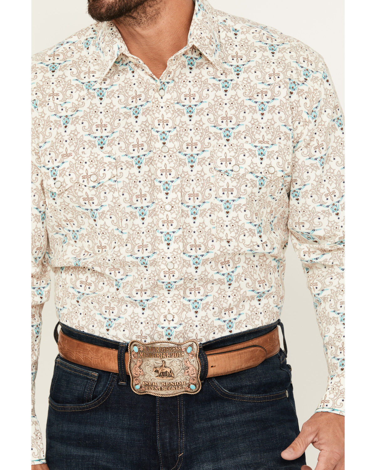 Rough Stock by Panhandle Men's Steer Head Print Long Sleeve Pearl Snap Western Shirt