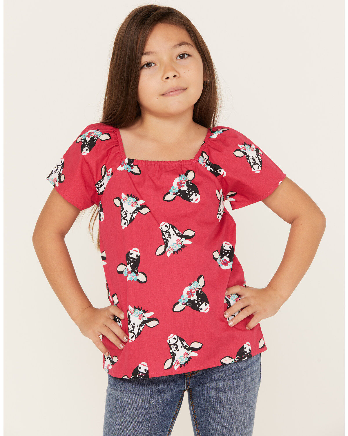 Wrangler Girls' Cow Head Print Puff Sleeve Shirt
